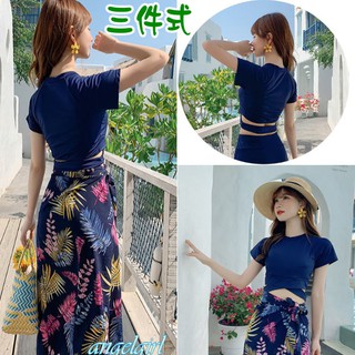 mama小舖/43吋臀圍韓版民俗風椰葉圖騰有袖泳衣三件式泳裝/波希米亞南洋風浪漫溫泉外罩裙泳衣
