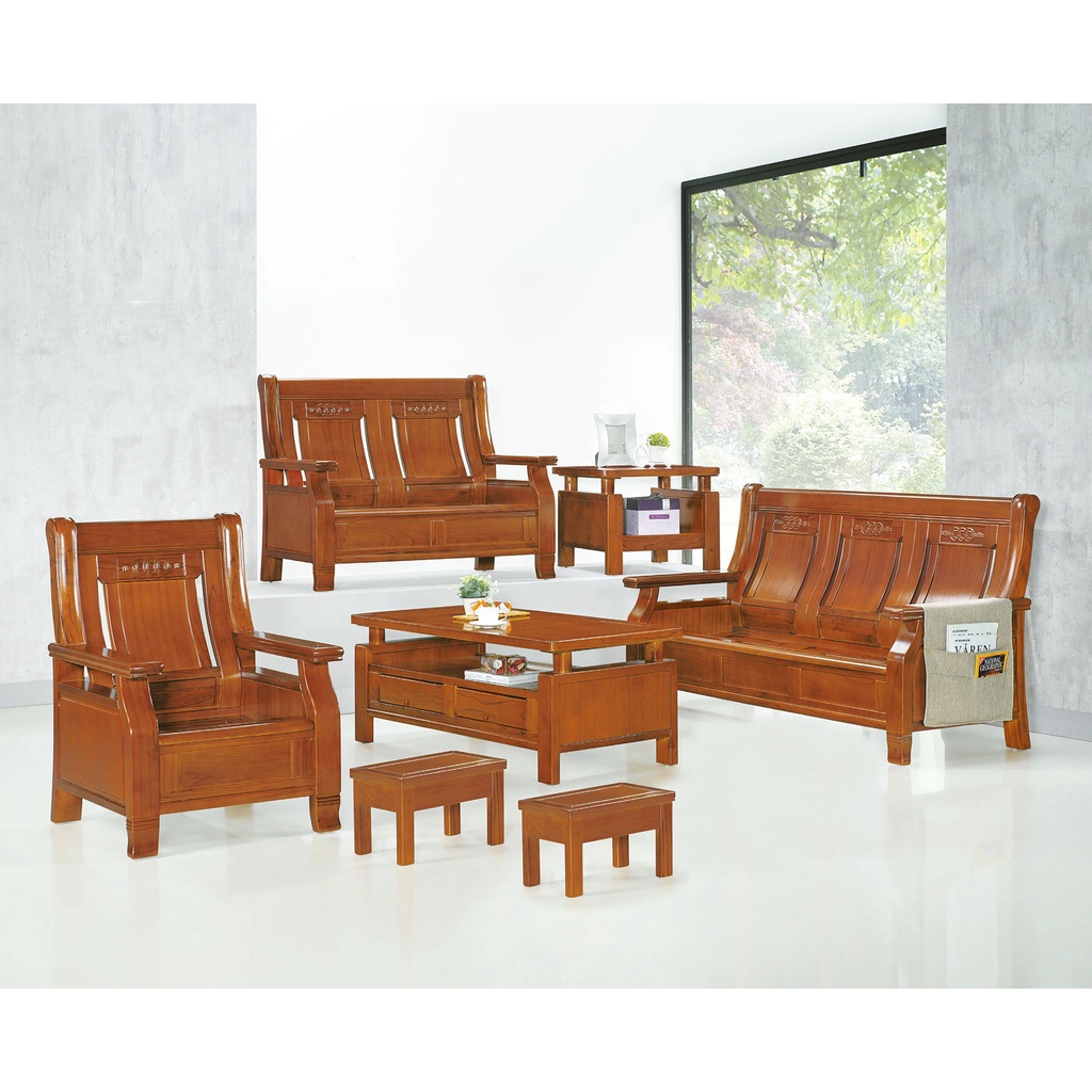 中國風復古雕花柚木色組椅全組(含茶几) 實木沙發 木頭沙發 組椅 木板椅 555型