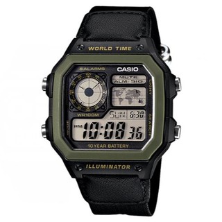 【CASIO】十年之旅數位錶-綠框x黑帆布錶帶(AE-1200WHB-1B)正版宏崑公司貨