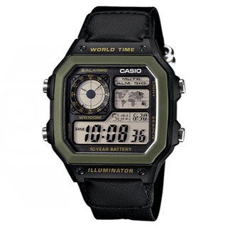 【casio】十年之旅數位錶-綠框x黑帆布錶帶(ae-1200whb-1b)正版宏崑公司貨