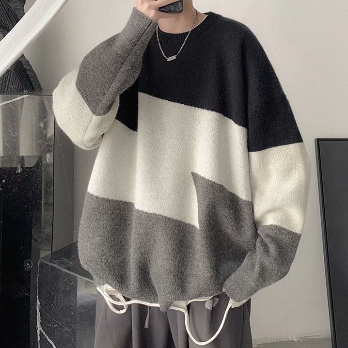 撞色毛衣圓領毛衣男寬鬆慵懶針織衫韓版潮流個性線衣港風外套 毛衣 毛衣外套（FWMY9008）【壹號站】