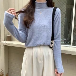 9色現貨秒出♥️【JinG】半高領*韓版ins風仿貂絨針織衫♥️打底衣 純色衣 百搭 內搭衣 長袖上衣 軟糯毛衣