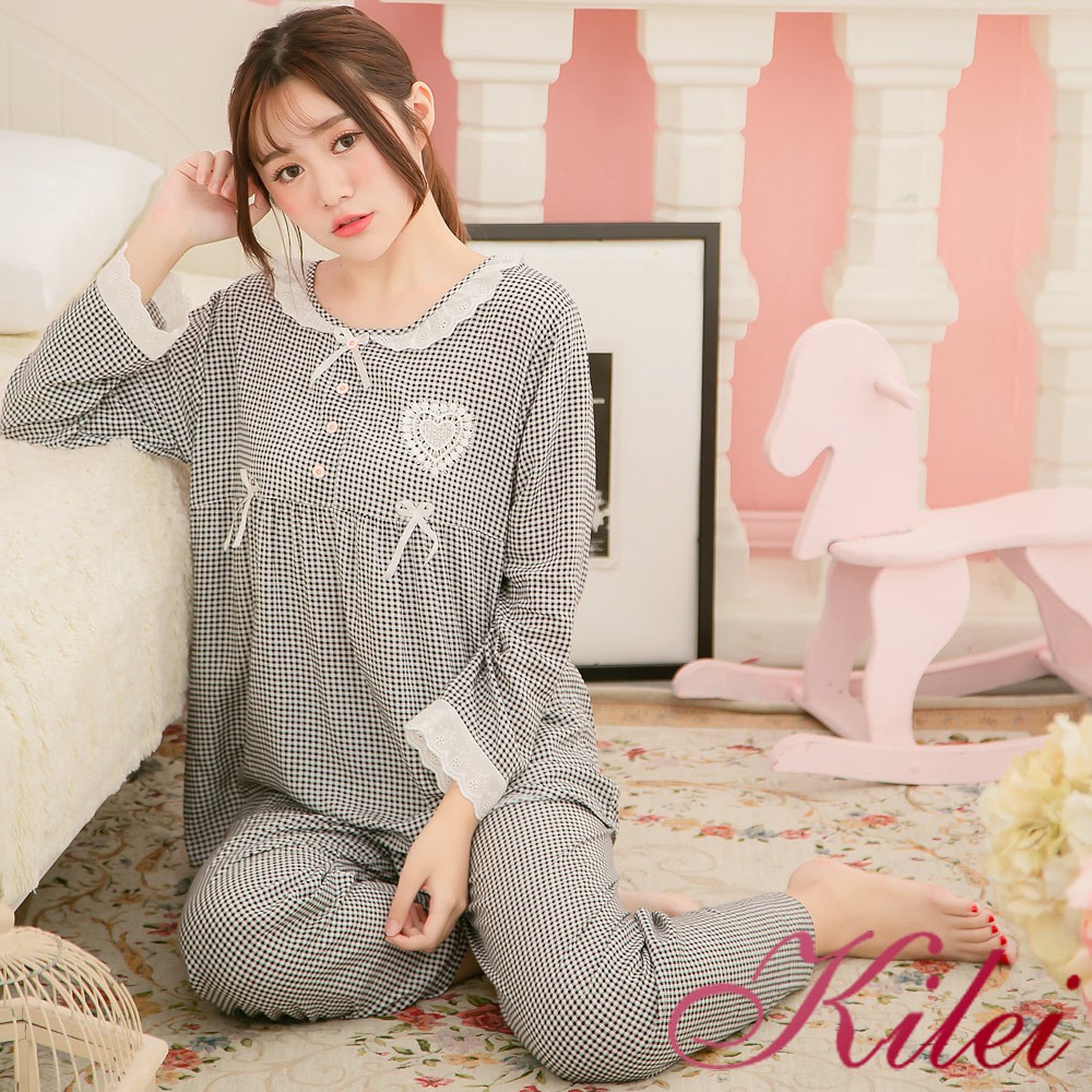 【Kilei】格紋接布蕾絲二件式長袖睡衣組XA3869(黑白格)全尺碼