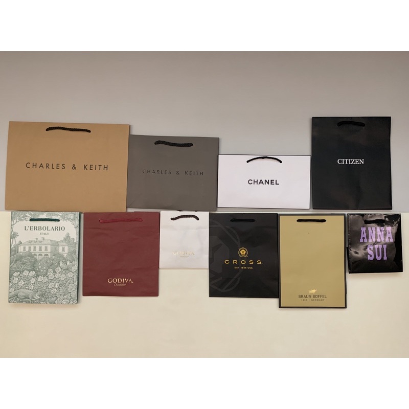 專櫃品牌紙袋 CHARLES&amp;KEITH、CHANEL、CITIZEN、GODIVA、歐舒丹、小金牛、ANNA SUI等