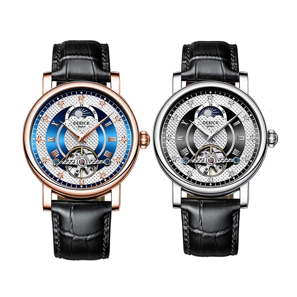 Derick 德理克 男手錶 指針式 機械錶 鏤空面板 金屬錶款 自動上鍊 皮帶錶
