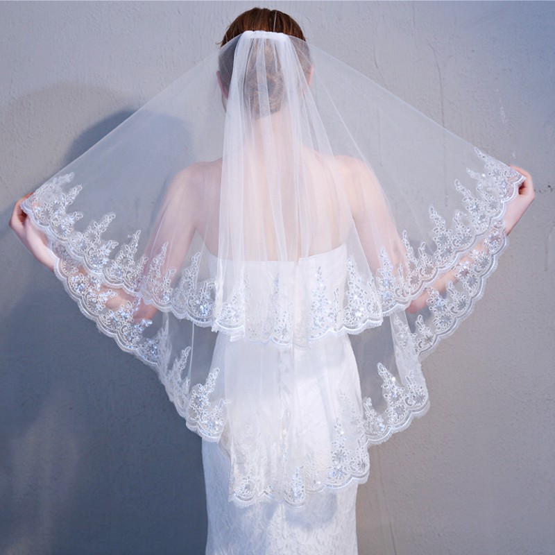 新娘頭紗Wed-45 短紗1.5米 雙層頭紗 髮叉款 台灣現貨 新娘秘書 婚紗 網紗 蕾絲 刺繡 亮片 花邊 白紗 髮梳