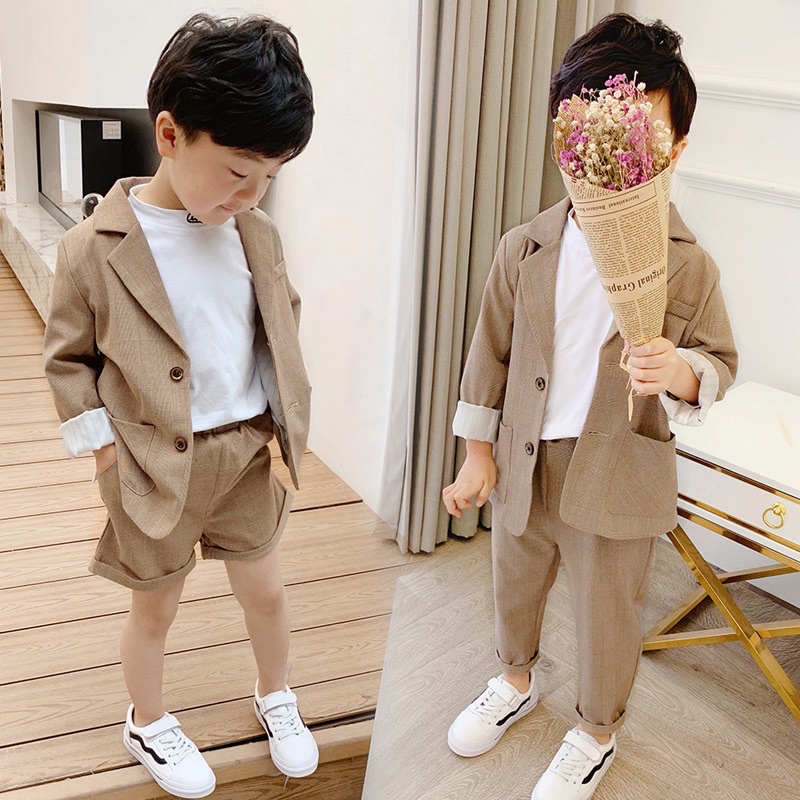 SulliOfficial【童品】韓版兒童西裝 格紋西裝 格子西裝 套裝 花童 畢業照 （外套+褲子）