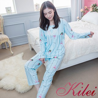 【Kilei】女生睡衣 睡衣套裝 V領直條紋英字火鶴布蕾絲長袖二件式睡衣組XA4342(純真藍)全尺碼
