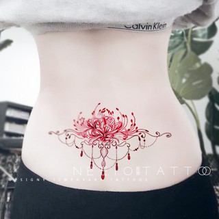 原創唯美彩繪弦月彼岸花刺青貼紙手繪浪漫文藝風月牙兒曼珠沙華紋身貼紙花朵月亮大圖腰腹貼紙防汗防水耐貼持久不掉色女