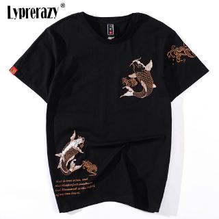 Lyprerazy 時尚男士嘻哈中國錦鯉魚刺繡 T 恤街頭服飾上衣 T 恤原宿服裝