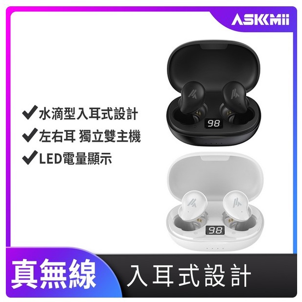 全新 ASKMii 艾司迷  M1入耳式真無線觸控藍牙耳機 白色 (配戴舒適/雙主機/LED顯示)