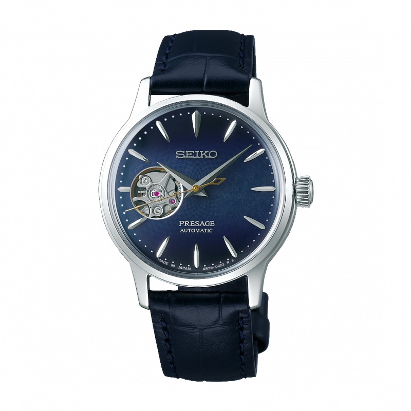 SEIKO PRESAGE 調酒師開芯對錶藍面牛皮自動上鍊碗錶（女款）34mm_ SSA785J1/4R38-01Y0B