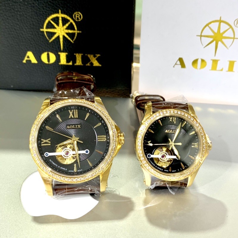【AOLIX】晶鑽奢華 機械錶 男女錶 羅馬數字 黑面 皮帶錶 藍寶石鏡面 保固