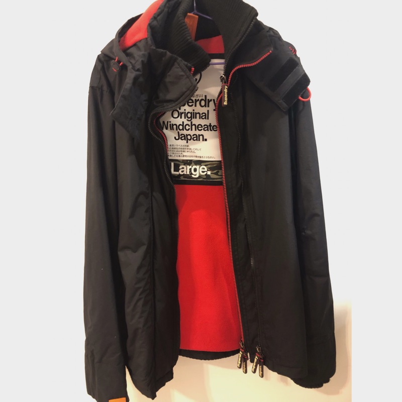 極度乾燥 superdry  三層拉鍊防風防水防寒男款連帽外套黑紅