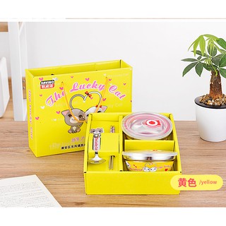 金可愛 孩子的最愛 不鏽鋼真空隔熱卡通兒童餐具 白鐵防燙飯碗 幼兒園自備餐碗（2碗1雙筷1匙2蓋）保鮮精緻款150元