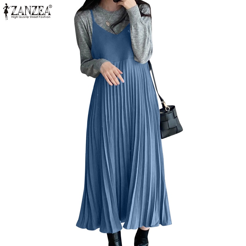 Zanzea 女裝時尚百褶休閒無袖 V 領純色吊帶長裙