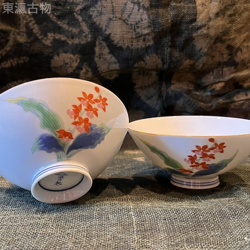 【東瀛古物】深川製陶瓷碗2入 蘭花圖金線邊 飯碗湯碗