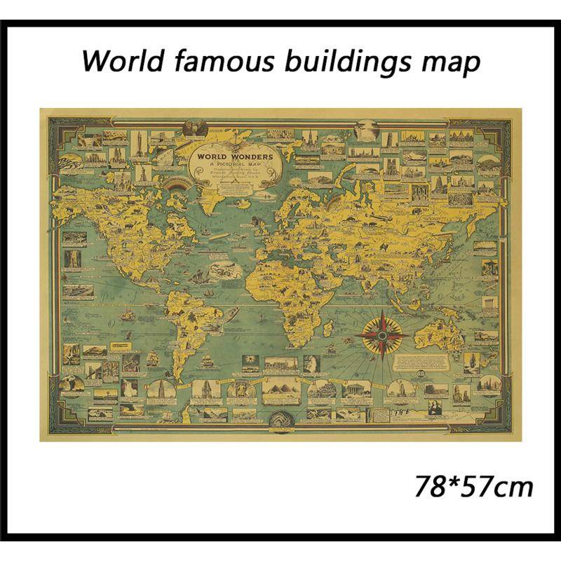 世界地圖 “世界著名建築地圖 ” 海報牛皮紙牆紙牆海報畫復古 78 * 57cm
