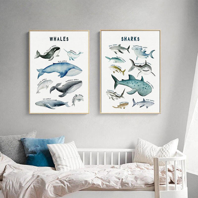 托兒所牆壁藝術鯊魚海報和版畫兒童房水生生物裝飾畫幼兒園動物海報