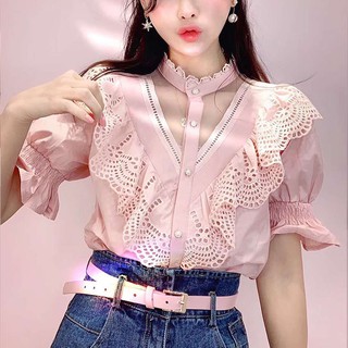 甜美蕾絲美脖透視拼接網紗荷葉立領襯衫公主袖上衣VINASHOP