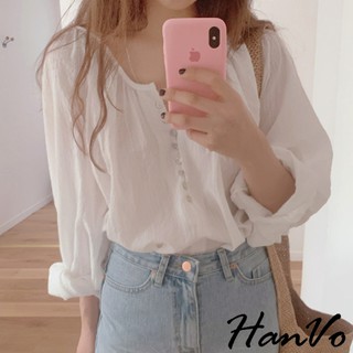 【HanVo】又仙又涼又防曬 胸前排釦細摺薄感襯衫 防曬韓版上衣 韓系韓國女裝 百搭寬鬆修身 女生衣著 A02-1597