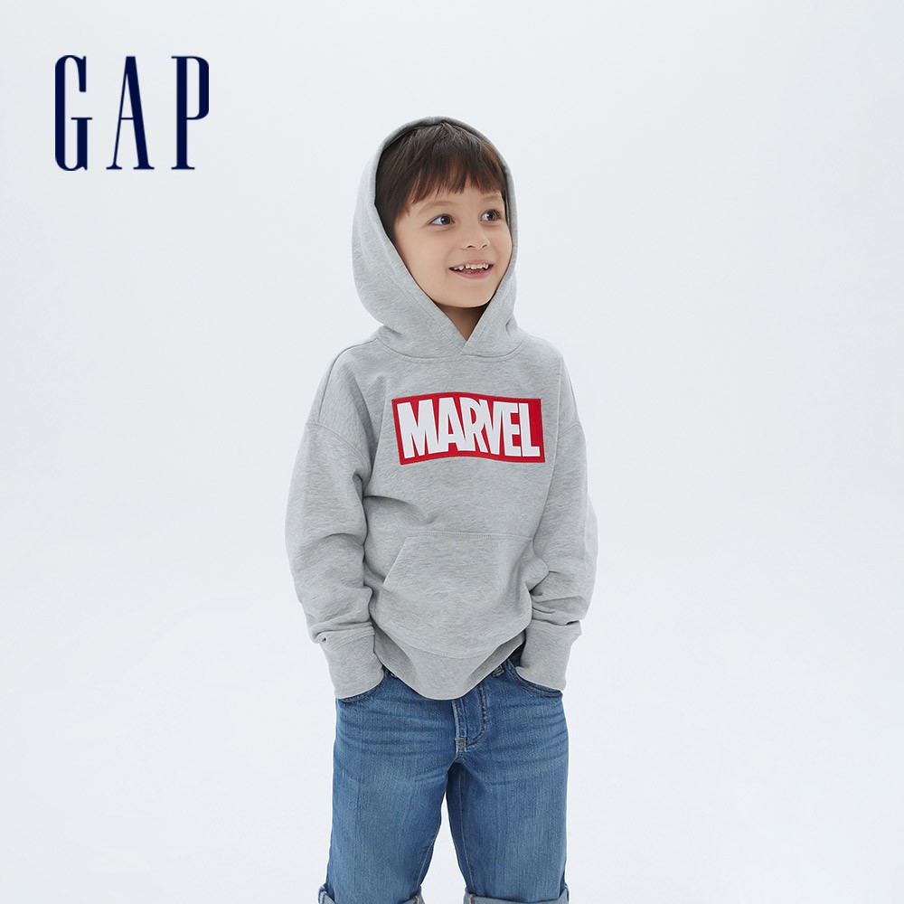 Gap 男童裝 Gap x Marvel漫威聯名 印花長袖帽T-淺麻灰(615930)