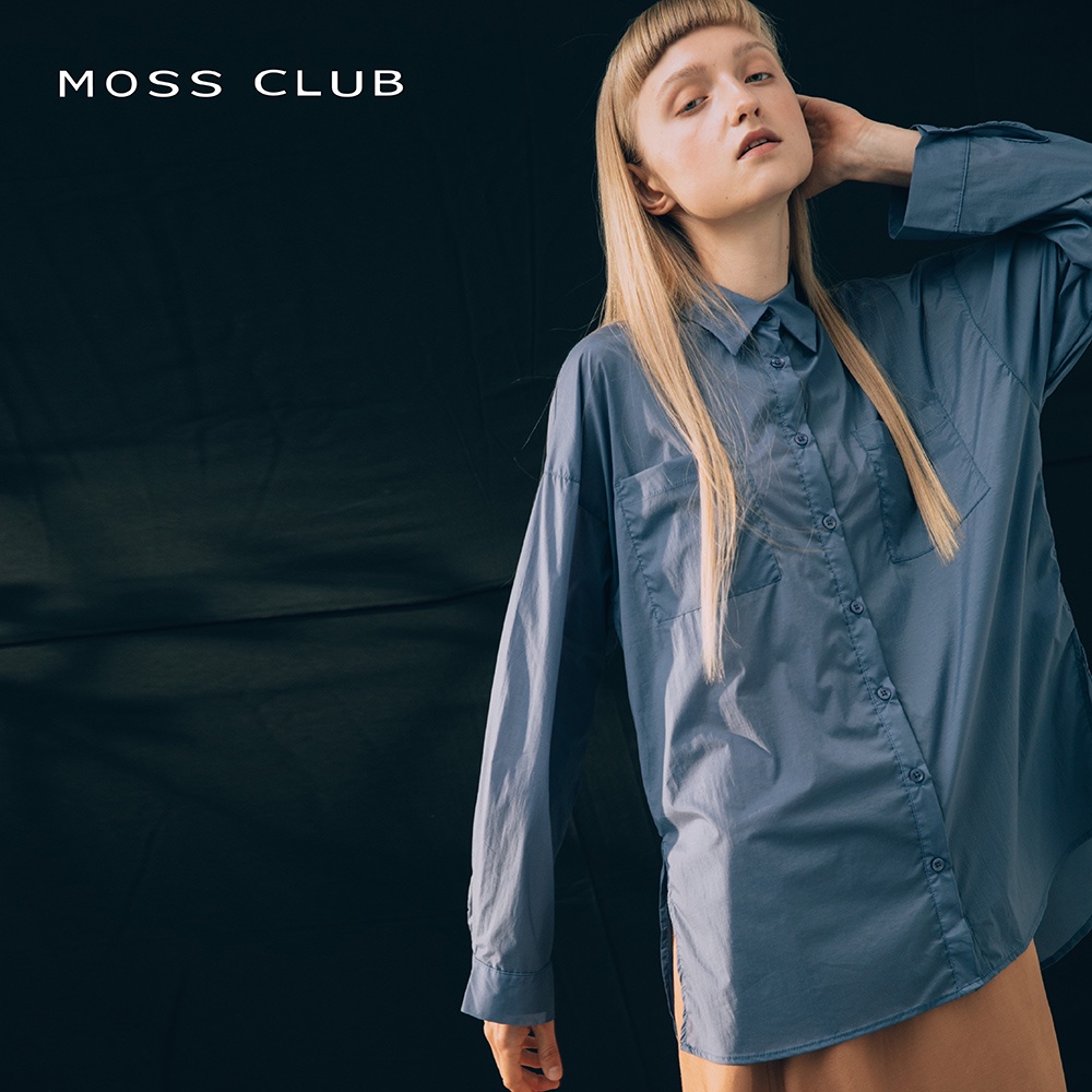 【MOSS CLUB】立領素面口袋-女長袖襯衫 立領 藍 綠 卡(三色/版型適中)