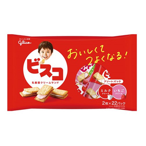 【01010201】日本格力高 BISCO 百思可綜合乳酸菌夾心餅乾 牛奶與草莓口味 家庭號