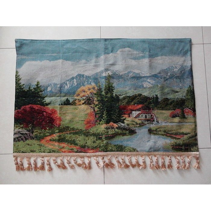 歐洲傳統布藝 棉麻織布 古典傳統掛畫 壁毯 掛毯 壁掛 寬100x高70公分 遠山流水