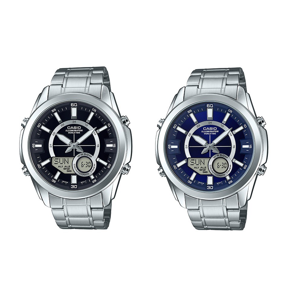 【宏崑時計】CASIO卡西歐 50米防水世界時間不鏽鋼錶帶電子錶 AMW-810D 兩色台灣卡西歐保固一年