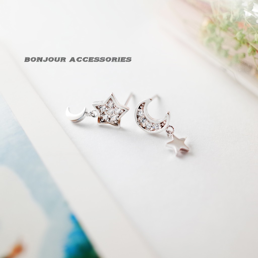 【Bonjouracc】韓國耳環 碎鑽星月不對稱 耳環