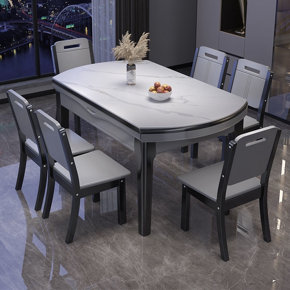 折疊餐桌 變形餐桌 客廳桌子 收納桌子 可移動 簡約 意式亮面巖板餐桌椅組合桌子椅子一套現代簡約可伸縮折疊實木圓桌