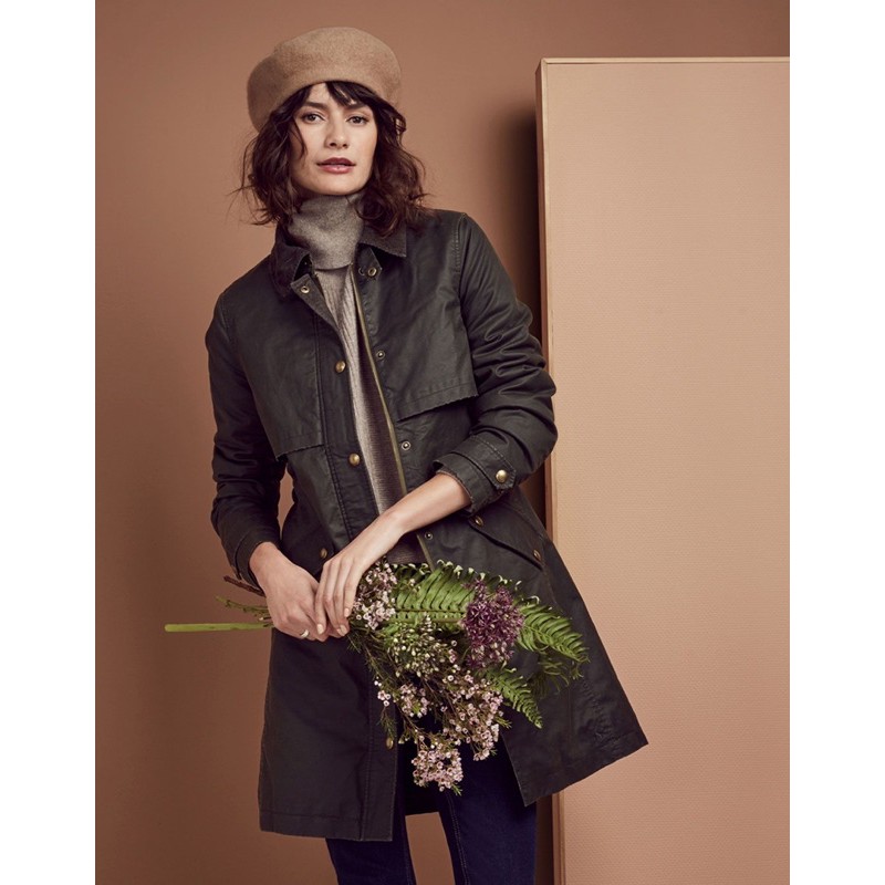 Miolla 英國品牌Joules 深橄欖綠內裡花朵防風防雨腰間綁帶可立領鋪棉油蠟布修身大衣外套