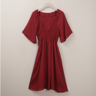 原價680 全新poly lulu 氣質寬袖 縮腰方領洋裝 紅色 洋裝 裙子 短袖洋裝 喜酒約會 度假 雪紡洋裝 現貨