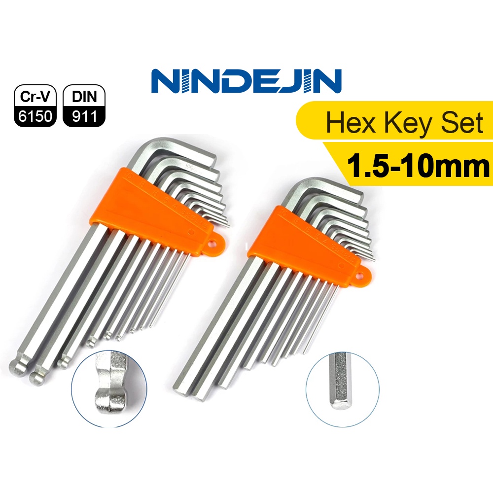 NINDEJIN 7/8/9pcs加長圓頭球頭平端六角扳手套裝CRV鋼1.5mm2mm2.5mm3mm4mm5mm6mm