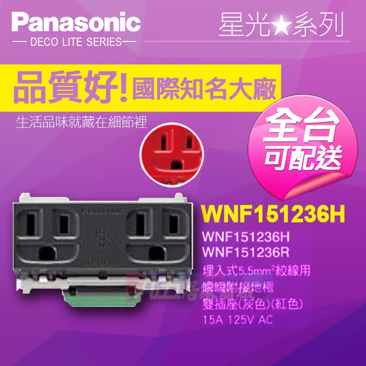 Panasonic國際牌 埋入式 5.5M絞線用 附接地極雙插座 灰色 WNF151236H『九五居家』雙插附接地