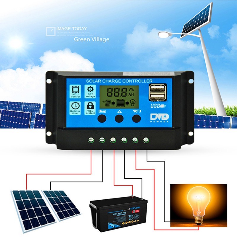 12V/24V光控多功太陽能控制器20A 太陽能電池板充電器控制器電池穩壓器雙USB液晶顯示器