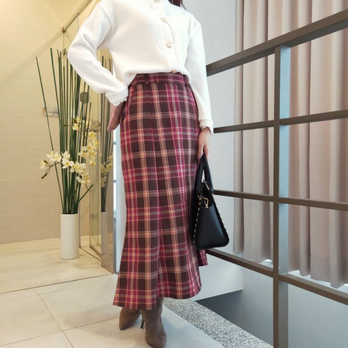日本品牌heather甜美帥氣~紅色格紋魚尾長裙※M尺寸