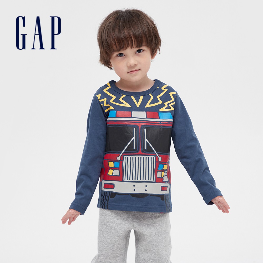 Gap 男幼童裝 童趣創意印花圓領長袖T恤-灰藍色(663826)
