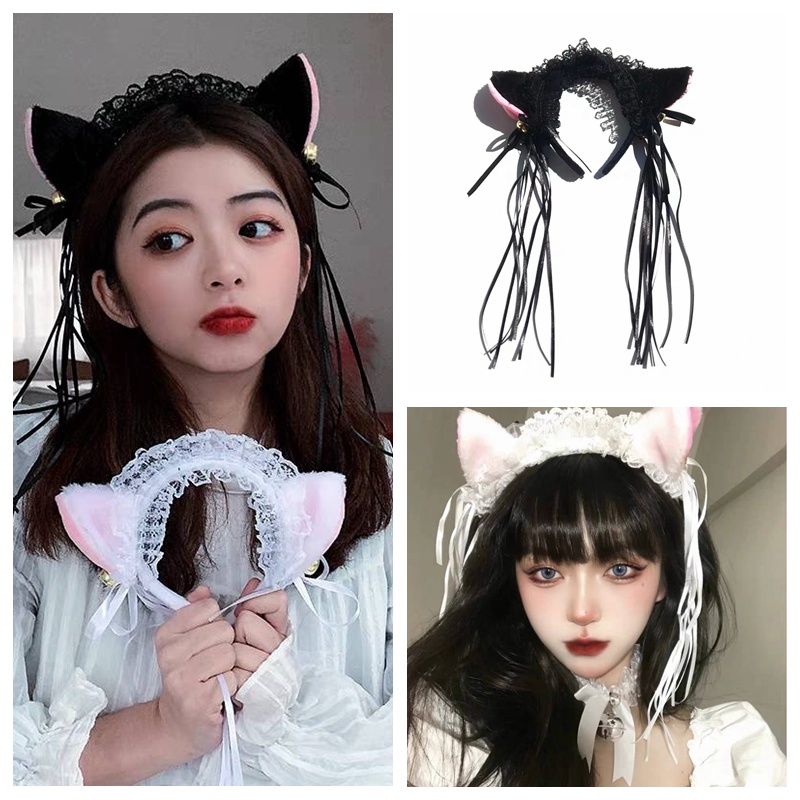 二次元cosplay少女 貓耳朵髪箍 蕾絲髮箍  流蘇鈴鐺髮箍蕾絲貓耳朵
