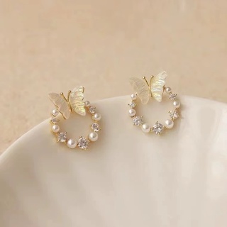 耳環新款白色蝴蝶圓形設計耳環高級溫柔女士耳環配件