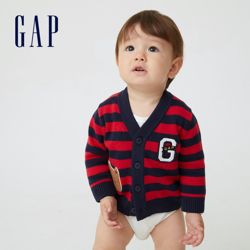 Gap 嬰兒裝 純棉趣味布章針織外套-紅藍條紋(406080)