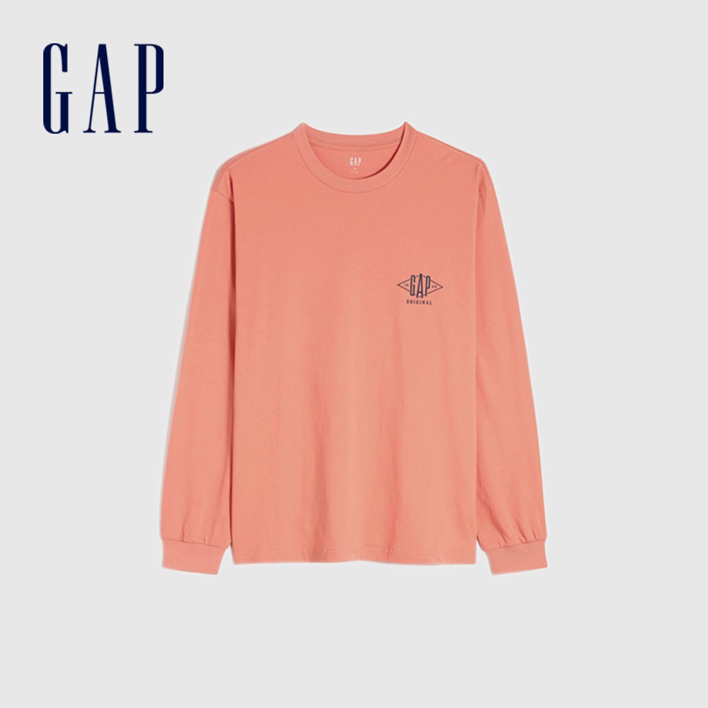 Gap 男女同款 Logo純棉寬鬆長袖T恤 厚磅密織親膚系列-橙紅色(707906)
