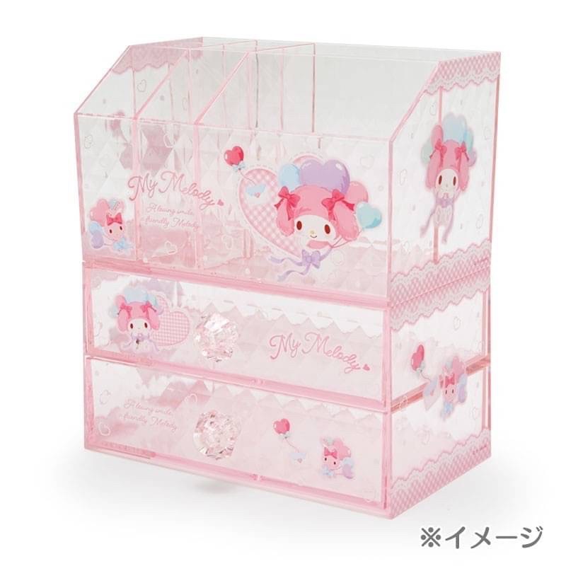 日本正版 kitty 美樂蒂 大耳狗 雙子星 酷洛米閃亮透明筆筒收納盒 桌上透明收納盒 筆筒式收納盒 刷具收納櫃