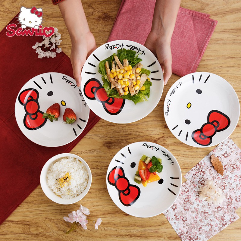 Hellokitty陶瓷碗盤子家用菜盤深盤套裝創意早餐盤可微波爐餐具牛排