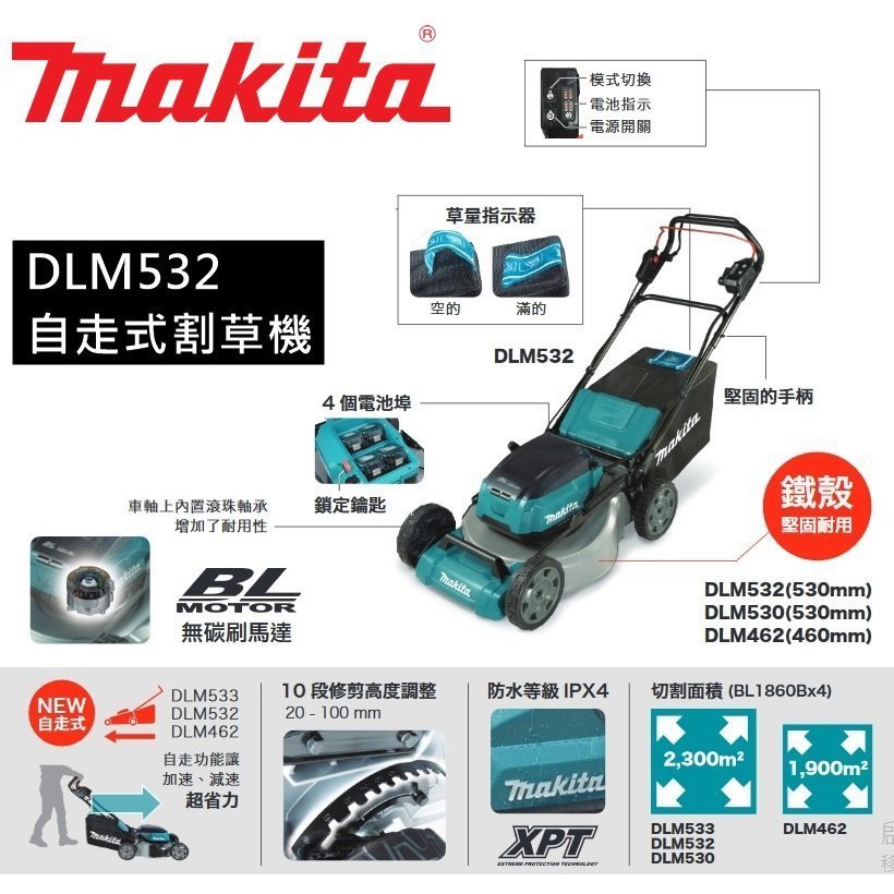 【花蓮源利】牧田 MAKITA 充電式割草機 DLM532 自走式割草機 無刷 可摺疊收納