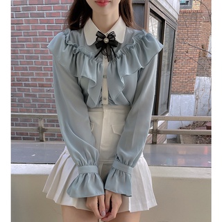 【臺灣出貨】甜美蝴蝶結純色荷葉邊喇叭長袖襯衫上衣甜妹學院溫柔風jk雪紡上衣禮服