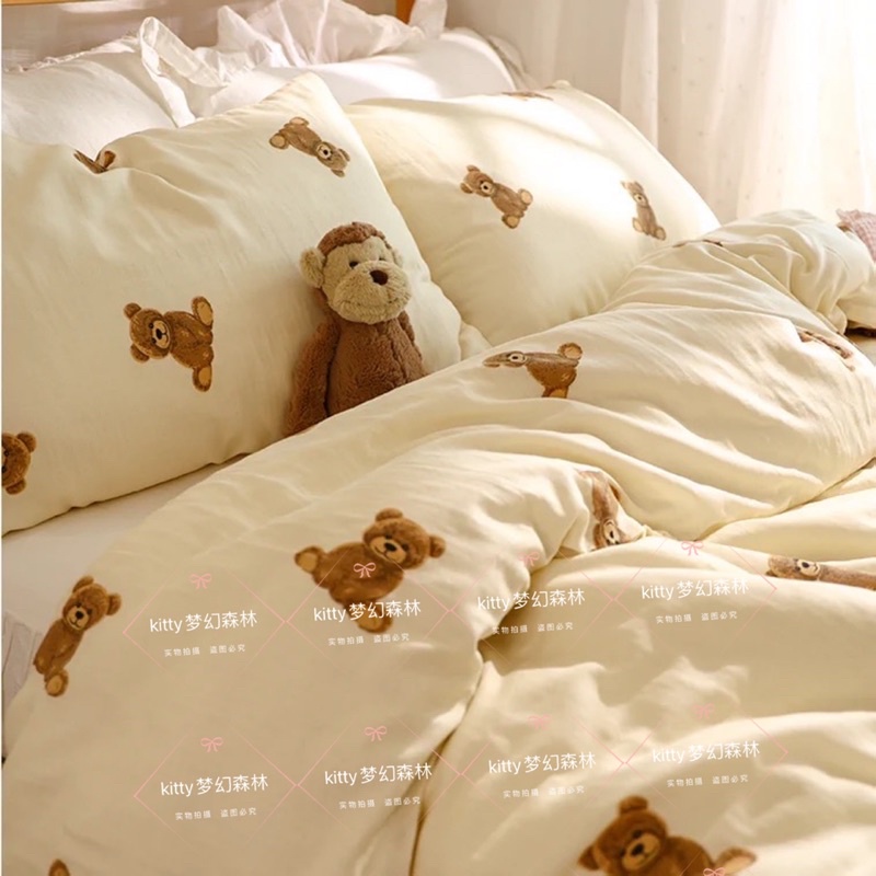 夢幻森林🎀 現貨ღ韓風滿版可愛小熊🐻奶黃泰迪熊純棉雙層紗布床單夏被被套枕頭套單人雙人床包組