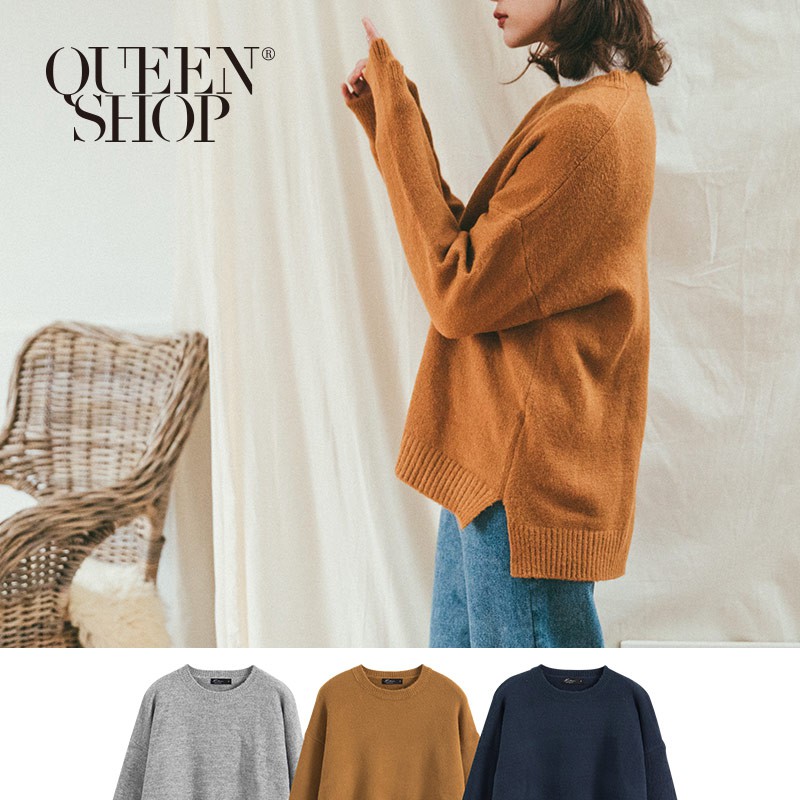 QUEENSHOP【01012247】素面側開衩圓領毛衣 三色售＊現+預＊