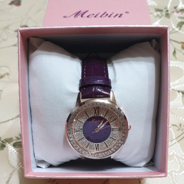 🌸全新·正品Meibin水鑽錶框珍珠貝殼錶面亮皮帶精品女用手錶~深紫色🌸      ❤降價優惠，不議價❤